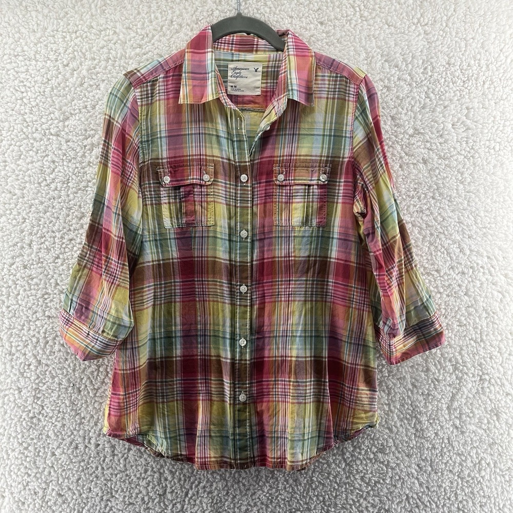 American Eagle Plaid Button Down Shirt‎ 3/4 Sleeve Size Medium Y2K Preppy Light